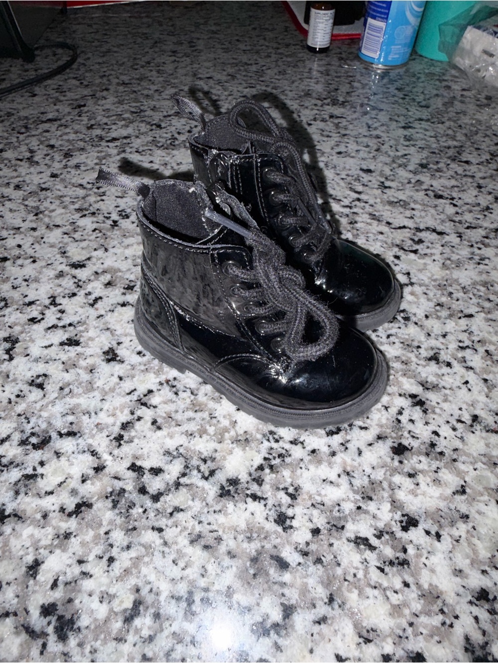 Kids Black Patent Lace-Up Combat Boots